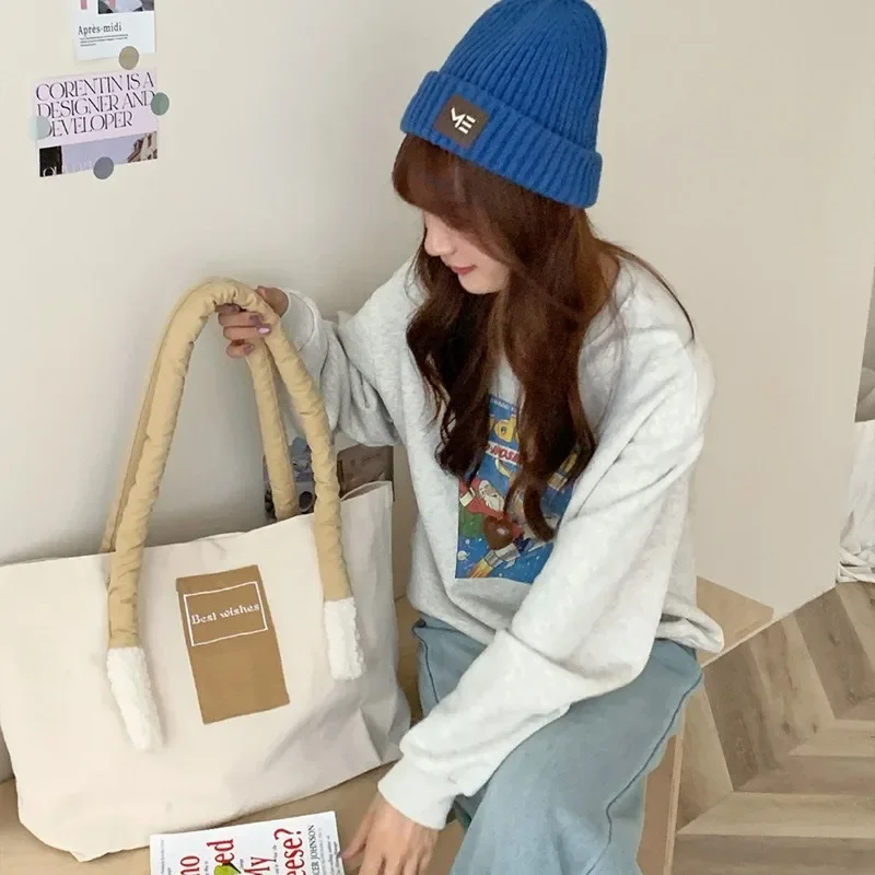 1 Piece Creative Design Simplicity Student Tote Bag Korean Fashion Beige Color Commuter Bag for Women Large Capacity Storage Bag