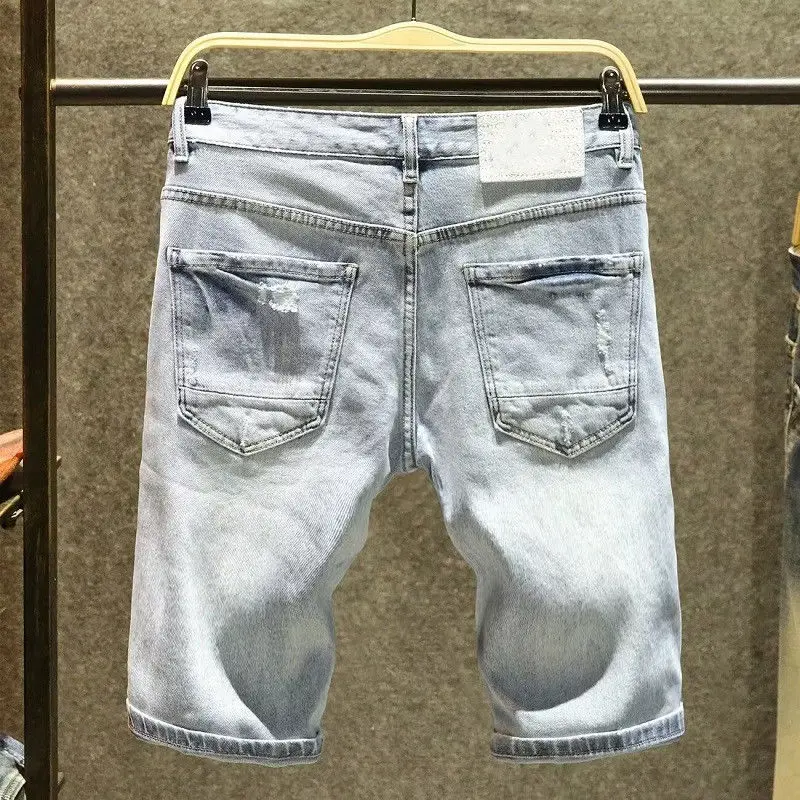 Summer 2026 Ripped Denim Shorts Men's Fashion Trend Ruffian Handsome Casual Short Half Pants Light Blue Tattered Short Jeans Man