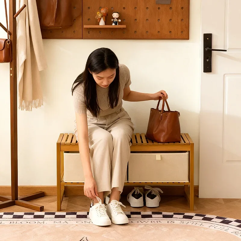 Modern minimalist storage shoe changing stool, bamboo shoe wearing stool, storage basket shoe cabinet, double-layer shoe rack