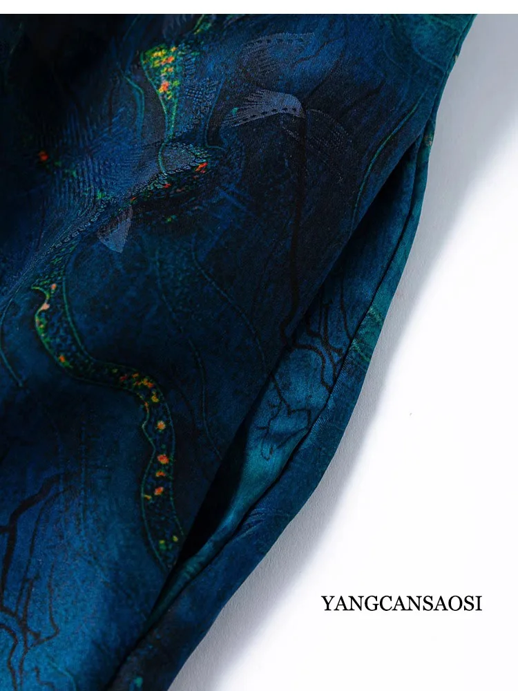 여성 가을 의류 블루 프린트 100% 천연 뽕나무 실크 갬비어드 광둥 거즈 배트윙 슬리브 출퇴근용 드레스