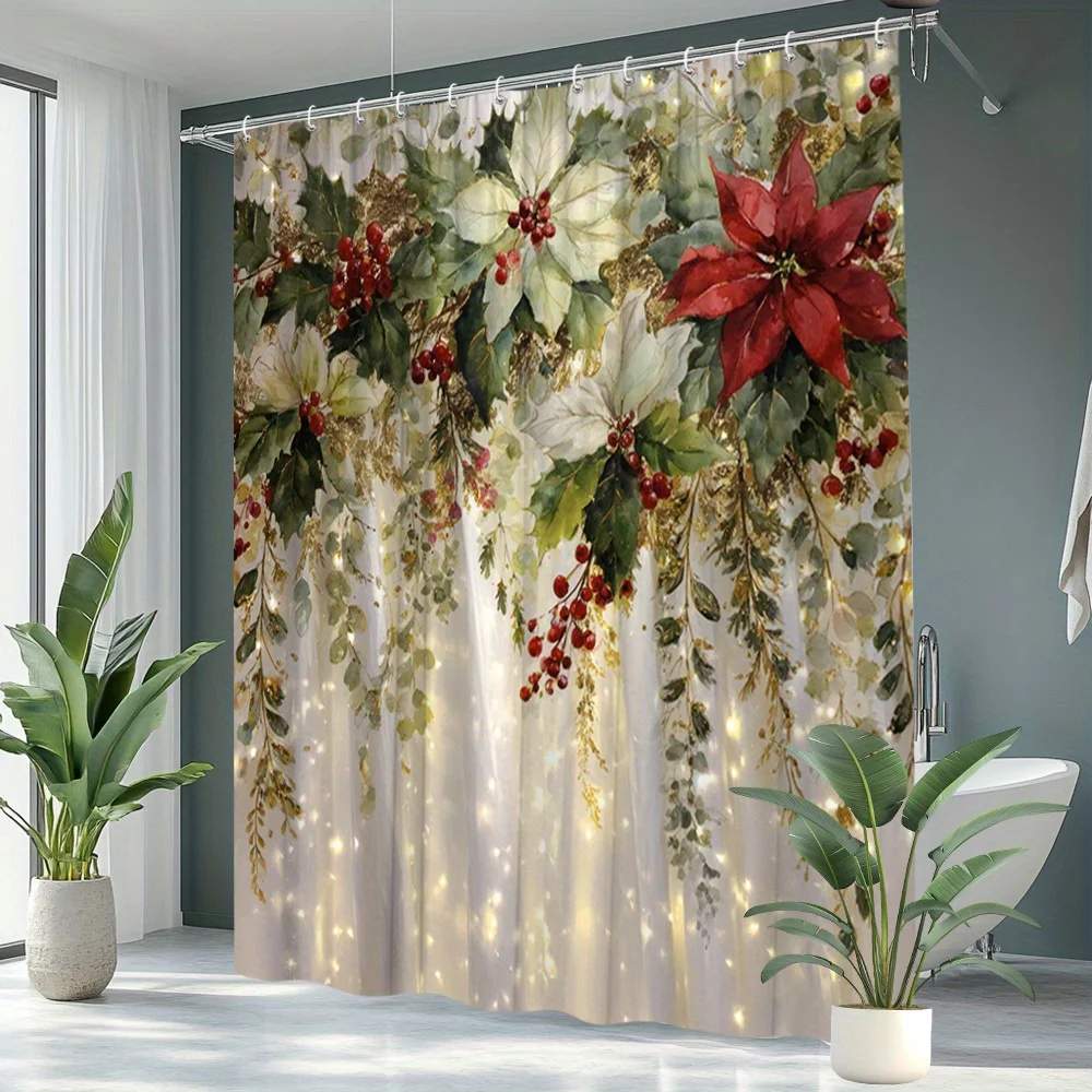 1pc Christmas Shower Curtain Vibrant Polka Dot And Holly Berry Floral Design with Twinkling Lights Polyester Fabric