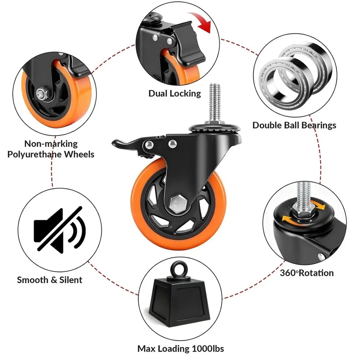 4 Inch Caster Wheels,Threaded Stem Casters Heavy Duty with Brake 1/2