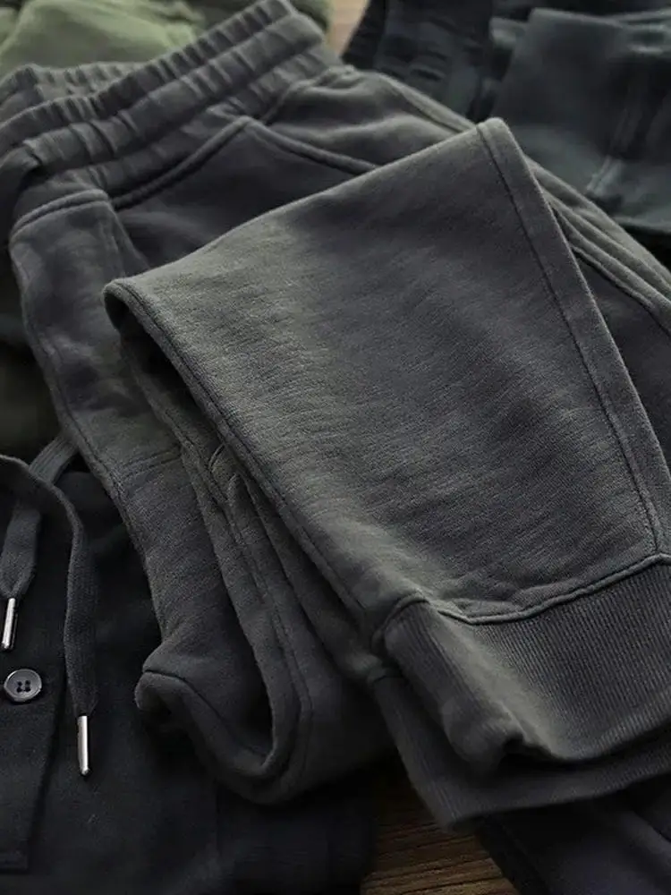 Retro Fleece Lined Knitted Cotton Men's Slim Fit Sports Pants Vintage Style Heavy Duty Autumn Winter New Arrival Casual Trousers
