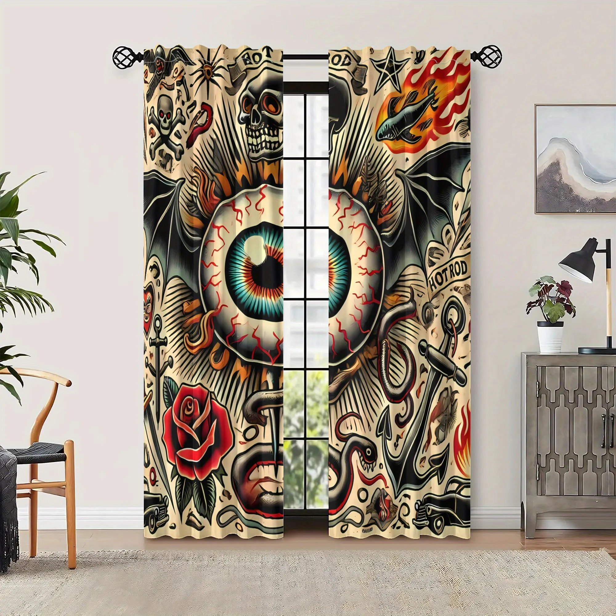 Eye-socket tattoo design curtains, pole-mounted installation. Suitable for living rooms, bedrooms, dining rooms, and hotels.