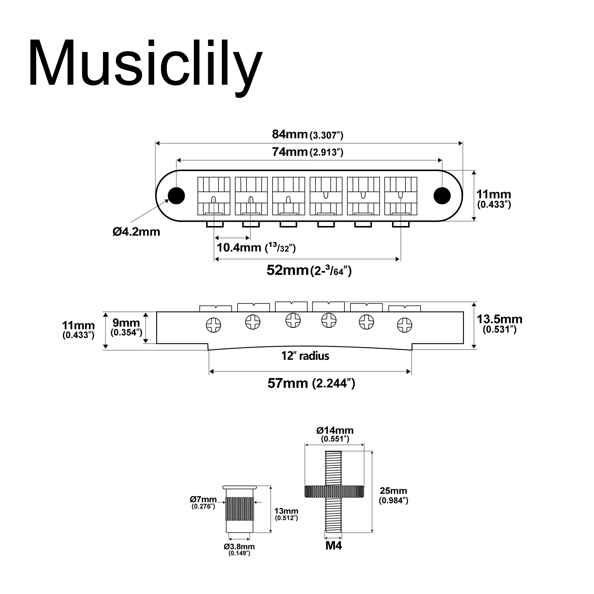 Wilkinson M Series 52mm(2-3/64 inch) String Spacing Nashville Style Tune-o-matic Bridge for LP SG Style Electric Guitar