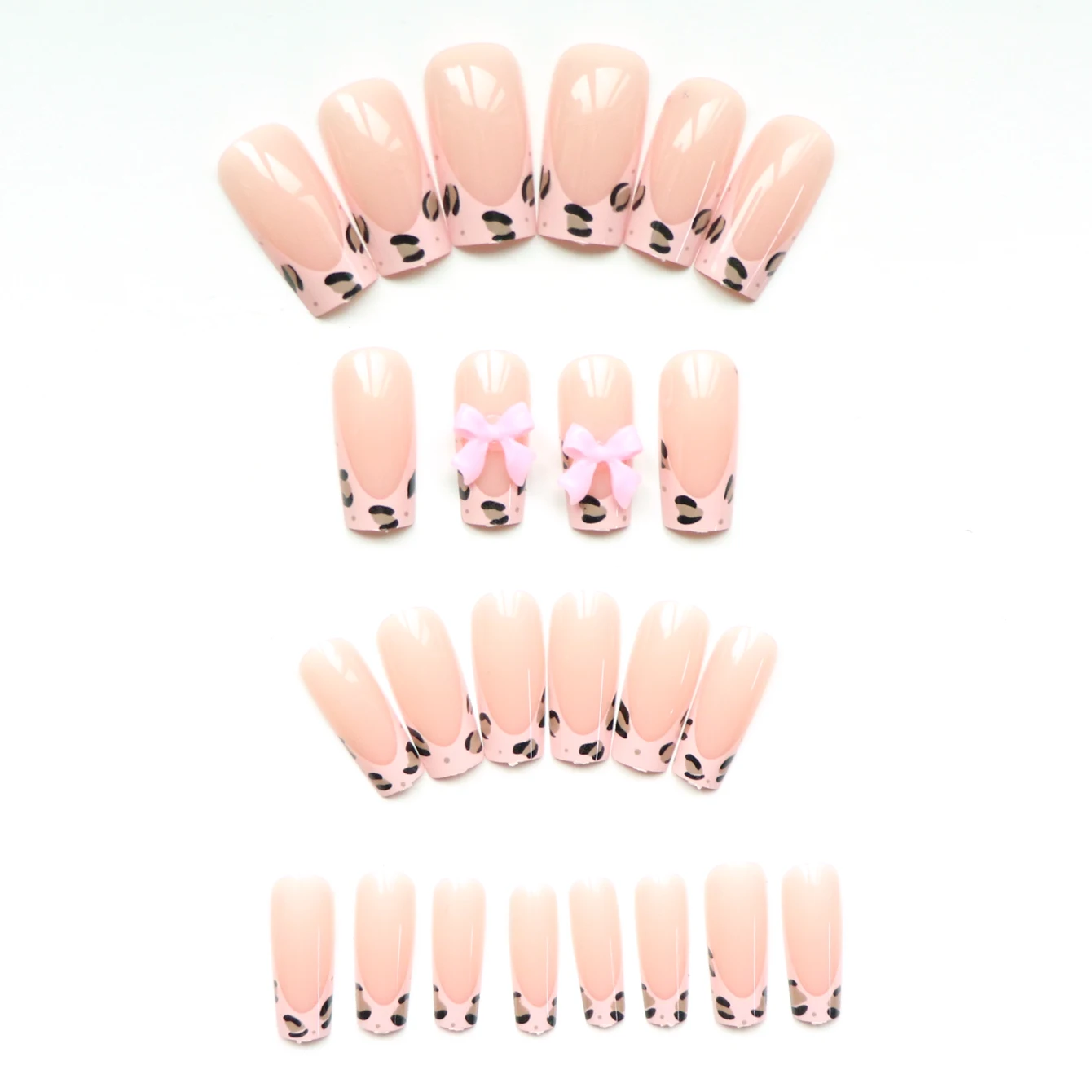 24개 핑크 레오파드 프린트 보우 풀커버 네일 팁 세트, 네일 파일 1개, 네일 글루 스티커 1개 포함