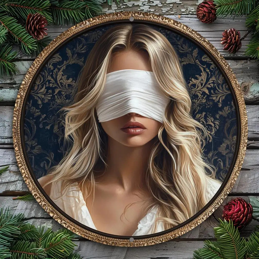 Round Metal Aluminum Wall Art Sign - Vintage Blindfolded Blonde Woman with Floral Design, 8x8 Inch Durable Home Dec