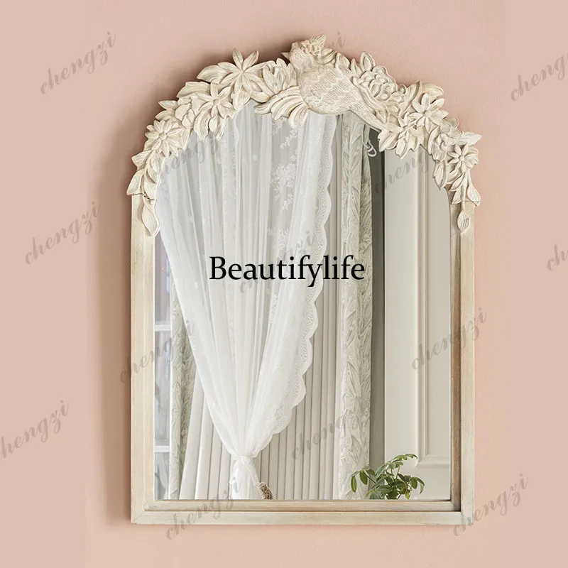 New Chinese mirror retro flower and bird carving wall hanging decoration medieval French master bedroom dresser makeup mirror