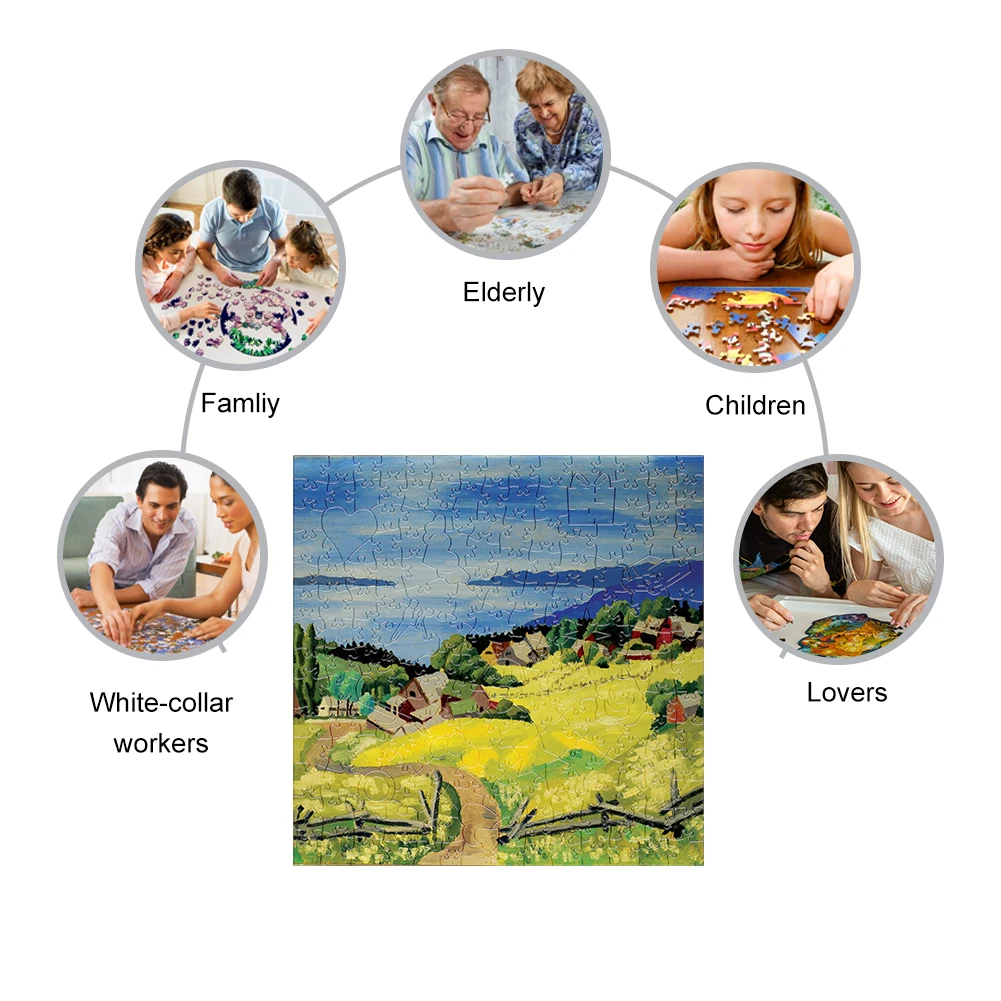 Creative Wooden Jigsaw Puzzles Country Oil Painting 3D Wood Puzzle Craft Irregular Family Interactive Puzzle Toy Social Games