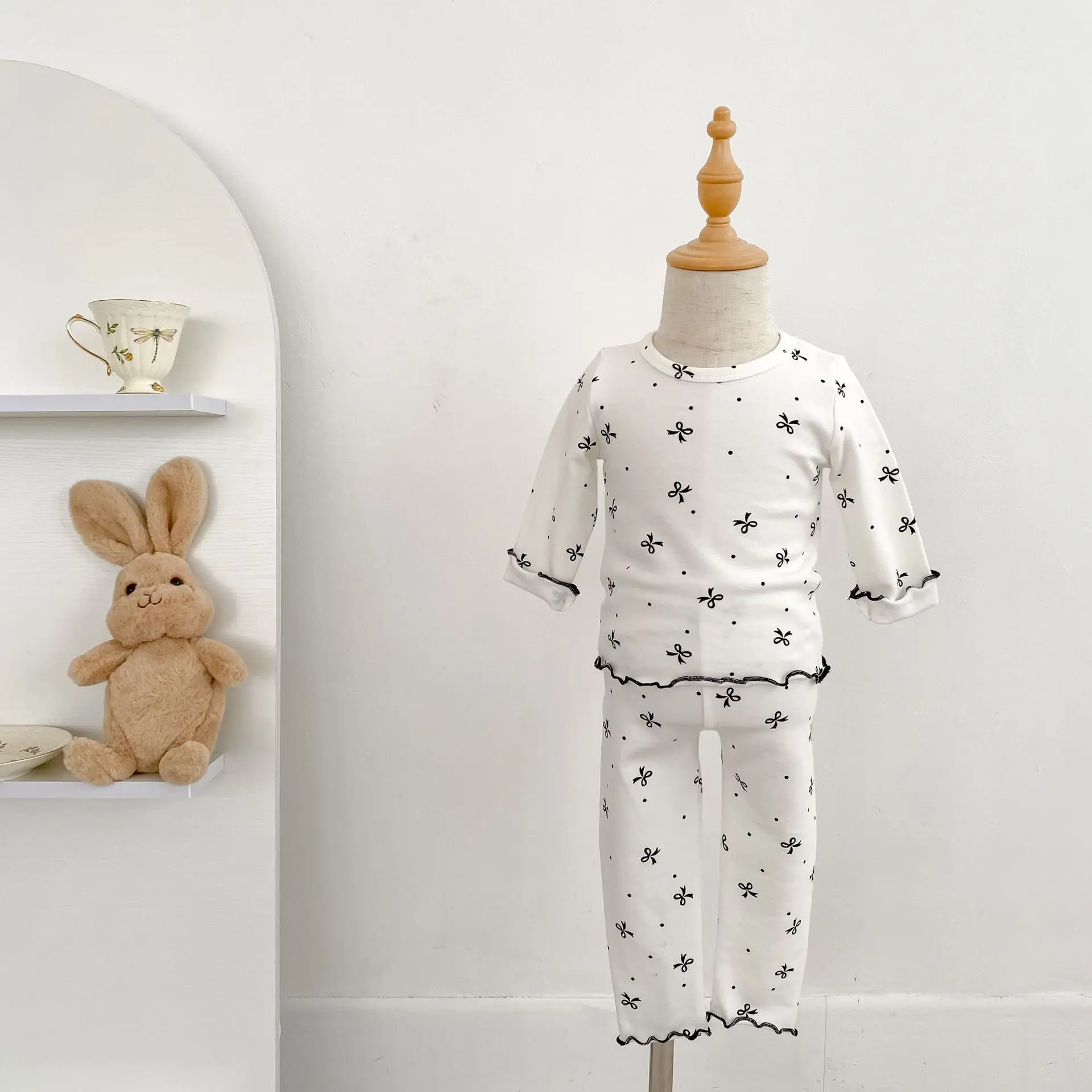 2025 Autumn Clothing New Baby Girl Bow Printing Primer Set Casual Cute Top Plus Pants Two-piece Set
