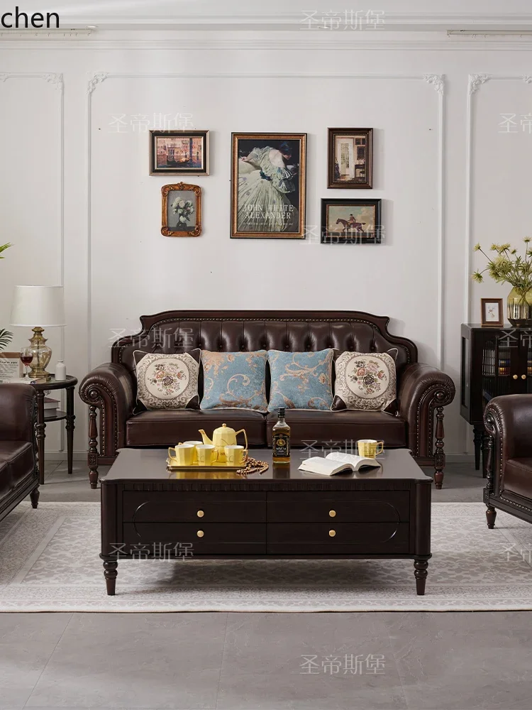 DSAL Solid Wood Genuine Leather Sofa Top Layer Cowhide 123 Combination Villa Living Room Furniture Four-Seater