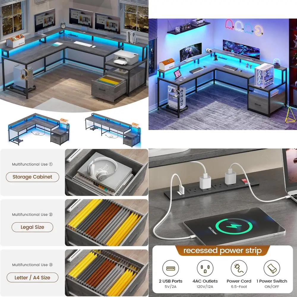 

L-Shaped Home Office Desk with File Drawer, Power Outlet, and LED Lights, Corner Computer Desk for Gaming