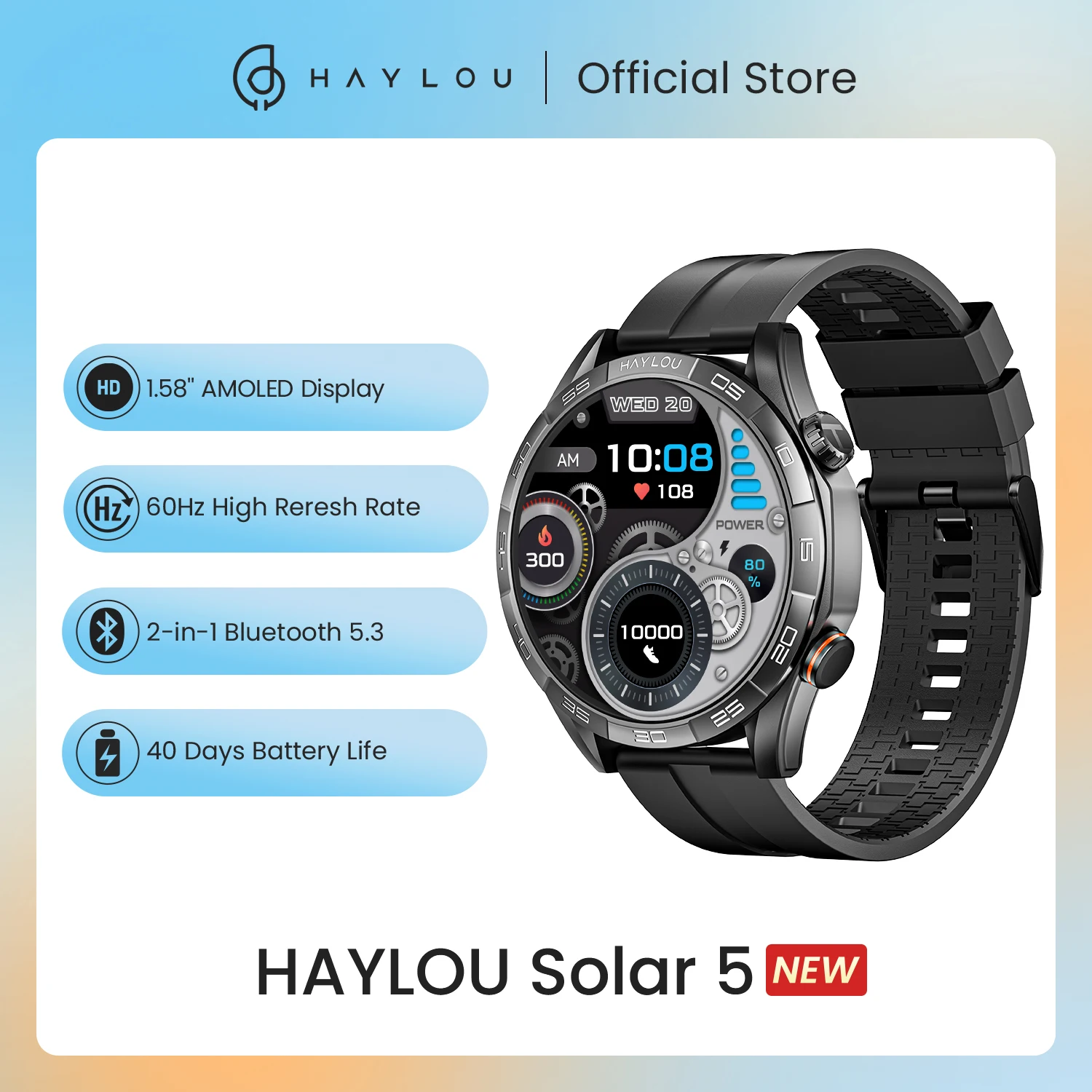 HAYLOU Solar 5 Smartwatch pour Homme, Appel Vocal, 1.58, Affichage AMOLED, 60Hz, permission de la Santé 24H, Sports Smartwatch