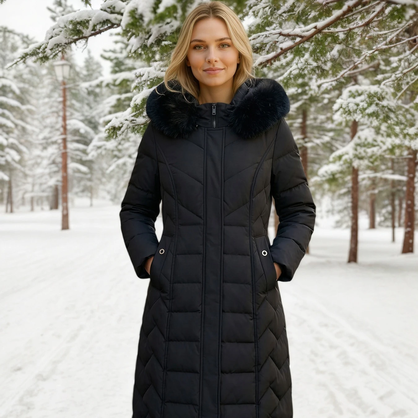 Elegant Long Over Knee Hooded Faux Fur Collar Zip Up Padded Cotton Coat Warm Daily Casual Basic Classic Trendy Winter Outerwear