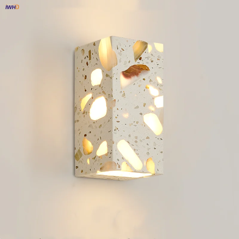 

IWHD Nordic Modern LED Wall Lights Study Balcony Living Room Square Natural Terrazzo Stone Wabi Sabi Wall Lamp Lamparas De Pared