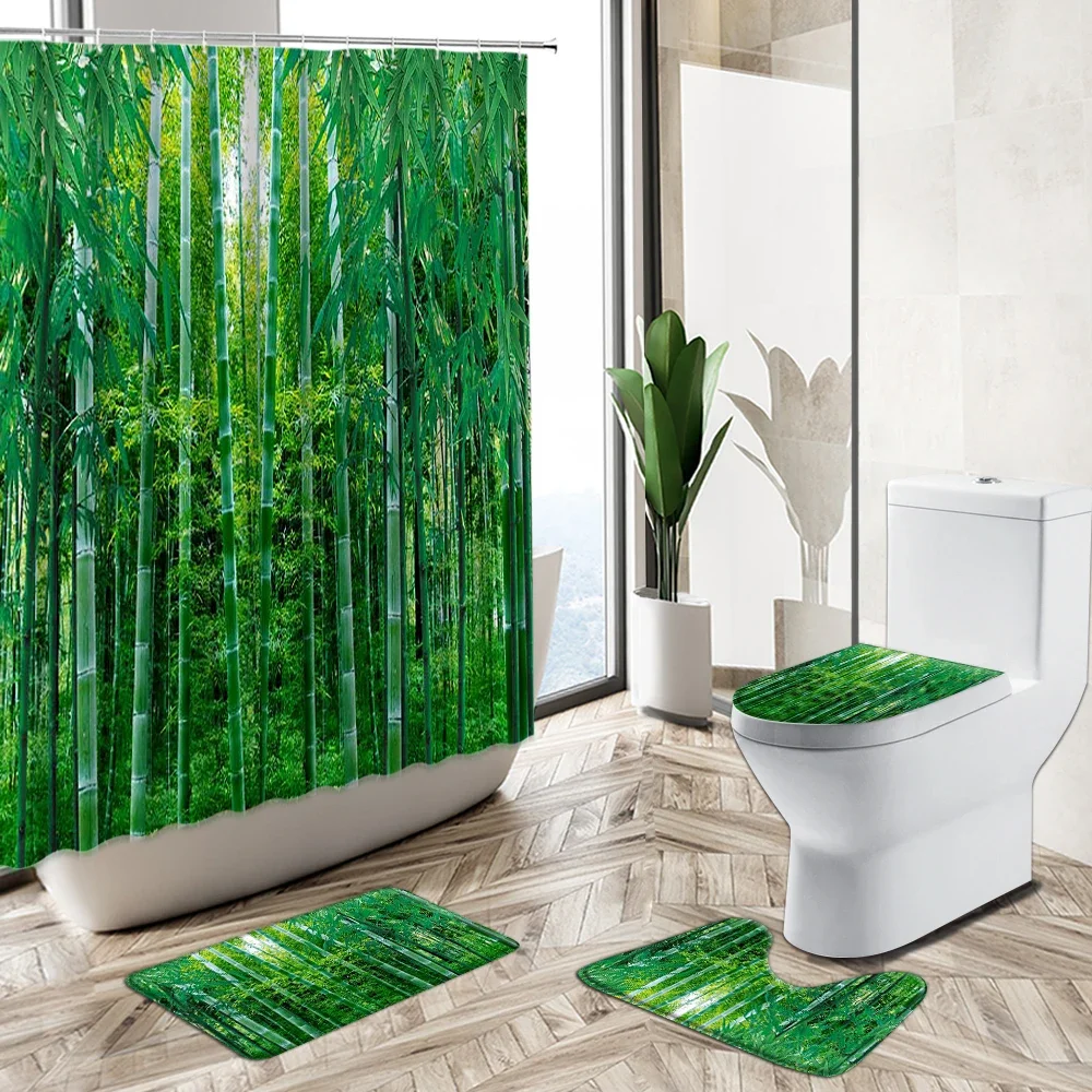 Green Leaf Bamboo Forest Landscape Shower Curtain Set Spring Plant Scenery Bathroom Bathtub Non-Slip Pedestal Rug Toilet Cover