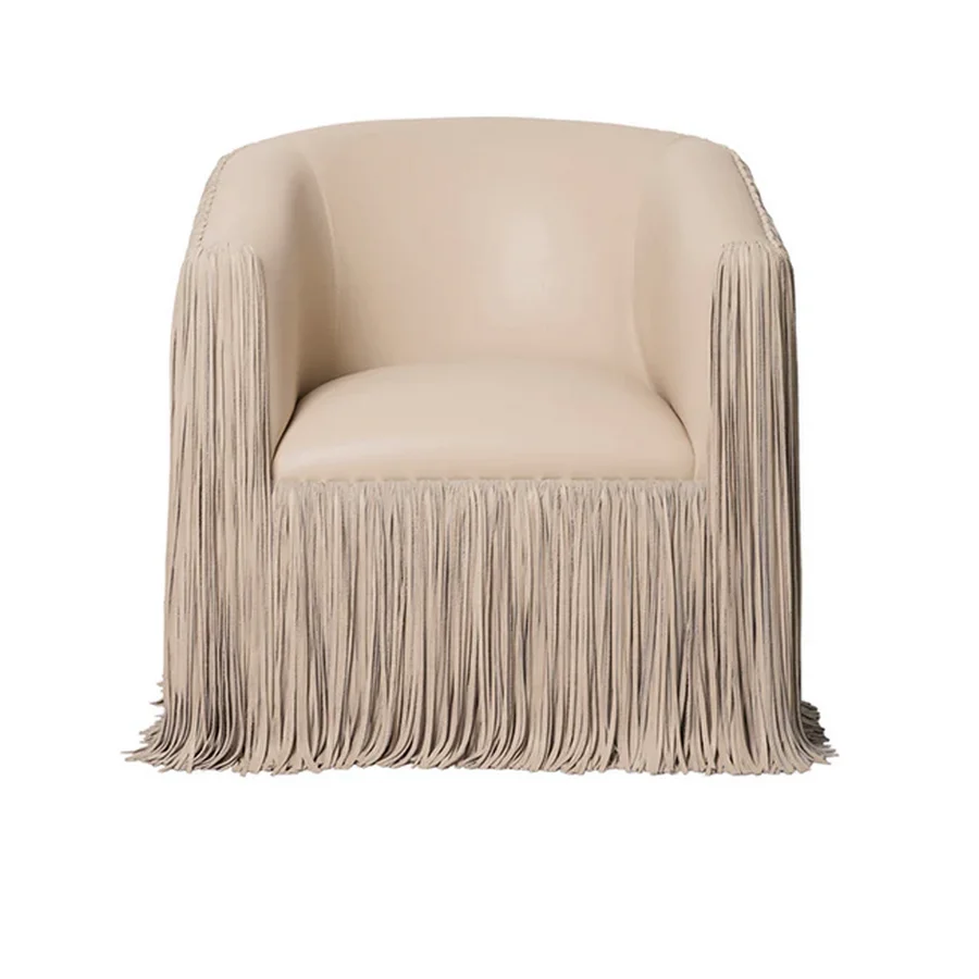 Wooden Swivel Chair Fringes Designer Reclining Armchair for Home Modern Luxury Living Room Tassels Leather Single Sofa Chair