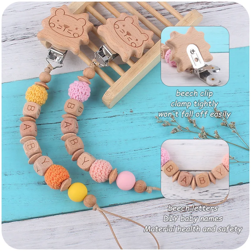 Personal isierter Name DIY Baby Schnuller Clips Holz Schnuller Silikon Zahnen Kauen Spielzeug Dummy Nippel Halter Clip Neugeborenen Zubehör