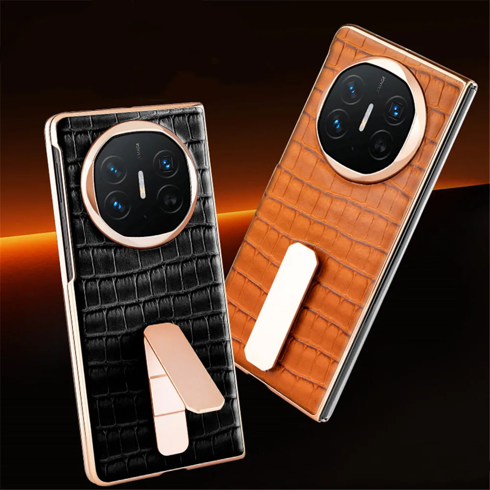 

Premium Natural Cowhide Leather Glass Film Case For Huawei Mate X3 X5 X6 Crocodile Bracket Cover