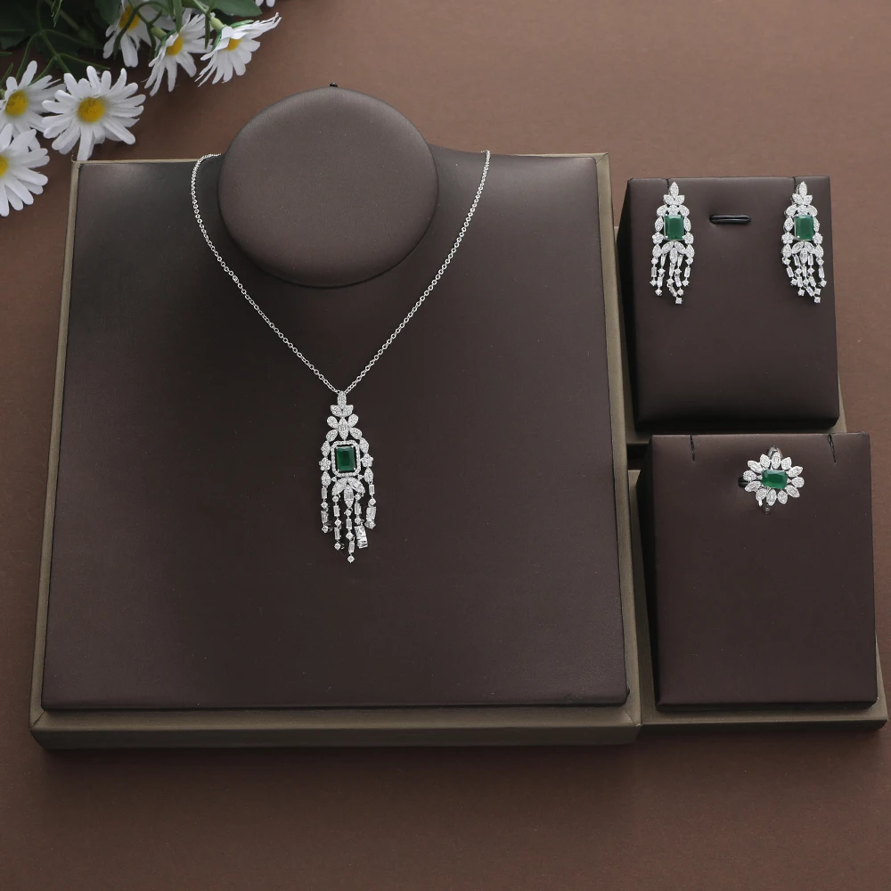 

New Luxury Waterdrop Square Tassel Cubic ZirconEngagement Dubai Naija Bridal Finger Rings Necklace Earring Jewelry Set S459