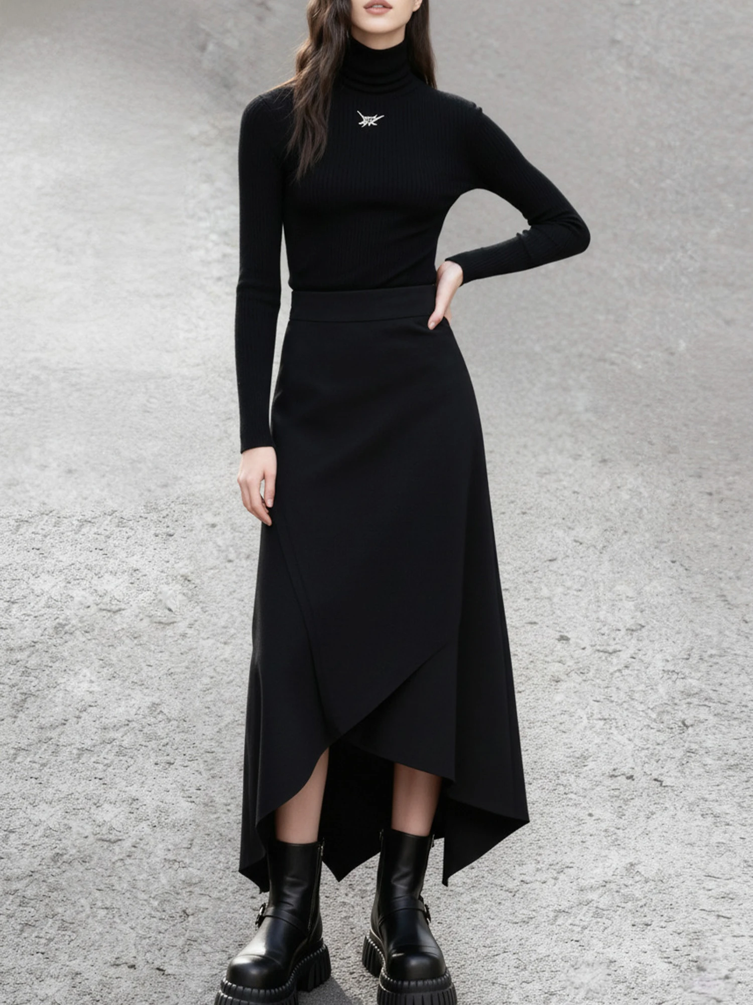 하이웨이스트 언밸런스 밑단 미디 스커트 슬리밍 블랙 하프 스커트 클라우드 브레이드 사이드 지퍼 데일리 여행용 폴리에스터 섬유