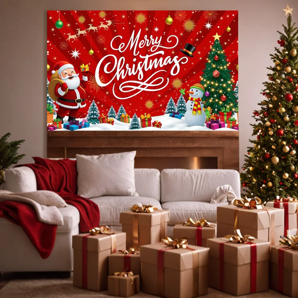 Christmas Red Banner Decoration Snowman Christmas Tree Santa Claus Merry Christmas Backdrop Hanging Party Supplies 180*110cm