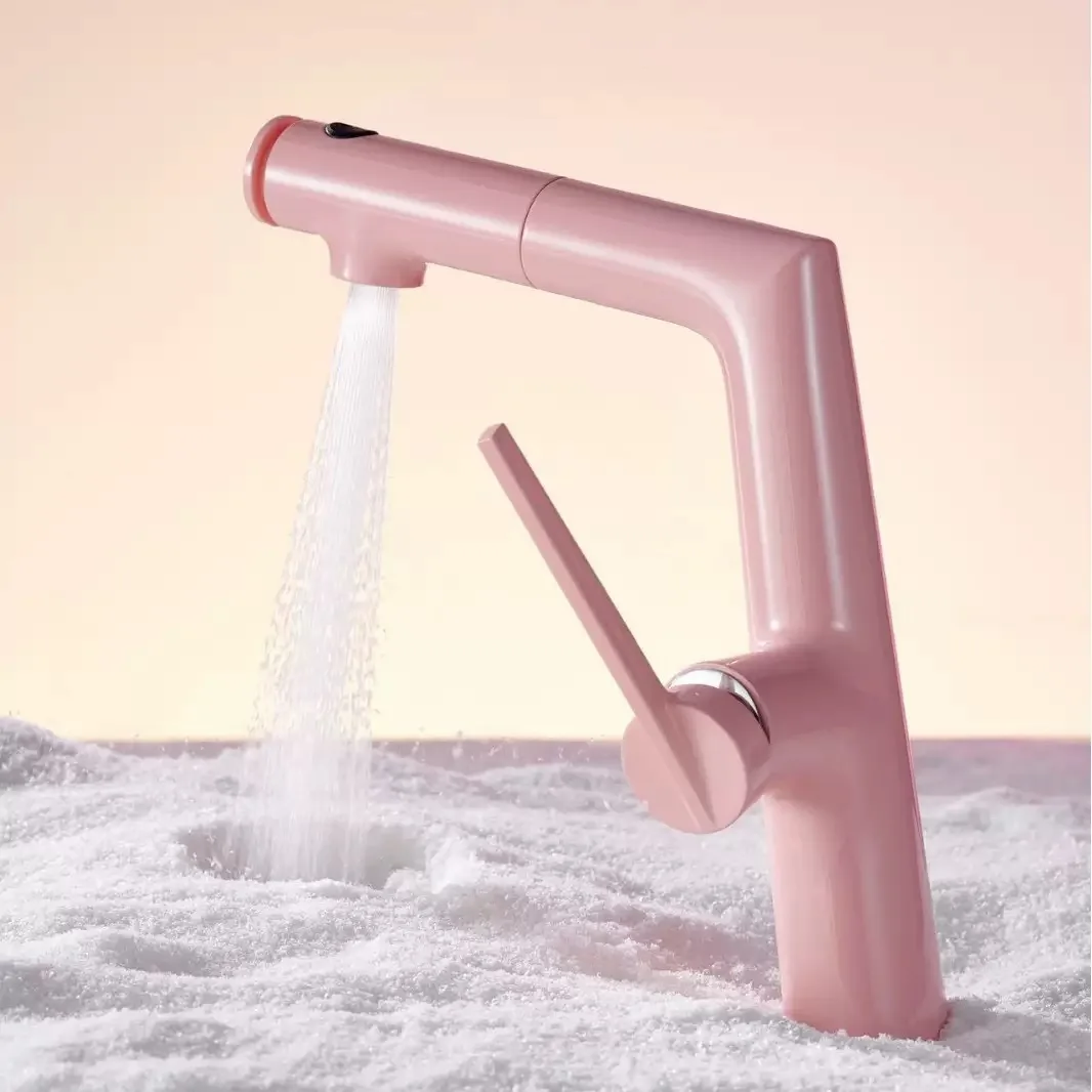 Tuqiu Grey Pull Out Bathroom Faucet Pink Basin Faucet Hot Cold Water Mixer Crane White Deck Mounted Universal Water Taps