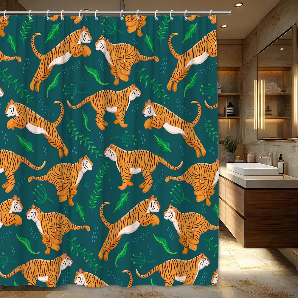 Cute Jungle Tigers Shower Curtain Waterproof Bathroom Decor Tropical Animal Print Curtain 180x180cm Statement Bath Curtain