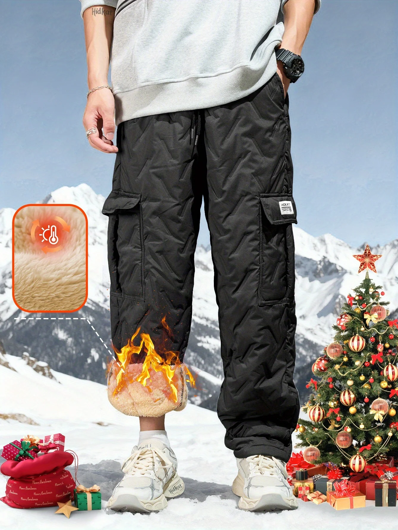 

Men's Winter Outdoor Warm Cargo Pants Fleece-Lined with Diamond Pattern Stitching, Insulated Design for Cold Weather,christmas