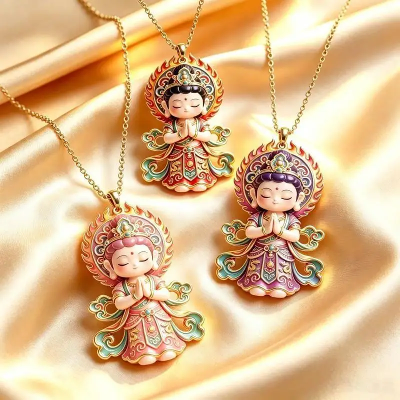 Guanyin Bodhisattva Charm Necklace Enamel Protective Talisman Dainty Jewelry for Girls Everyday Wear Gift