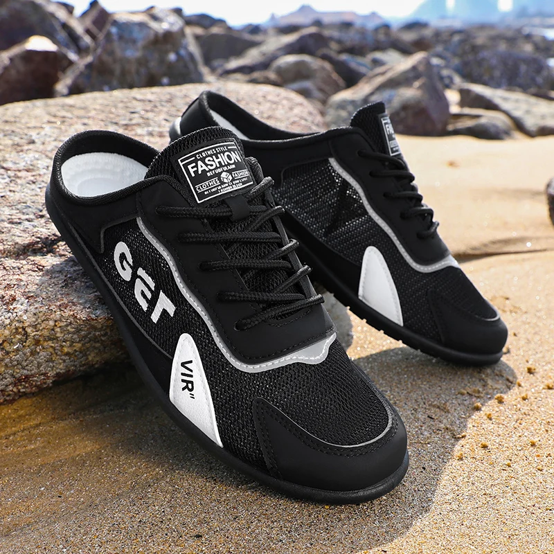 Mesh Breathable Backless Half-Slippers for Men, Summer Slip-On Lazy Mules with Closed Toe, Non-Slip Soft Sole Casual Outdoor Mules