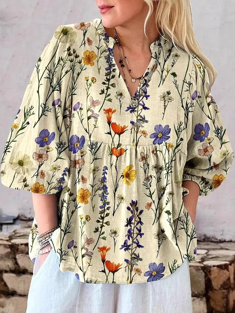 여성용 캐주얼 빈티지 프린트 셔츠 탑, 패션 V넥 퍼프 소매 풀오버 루즈핏 셔츠 탑, 레이디 봄 여름 신상 의류