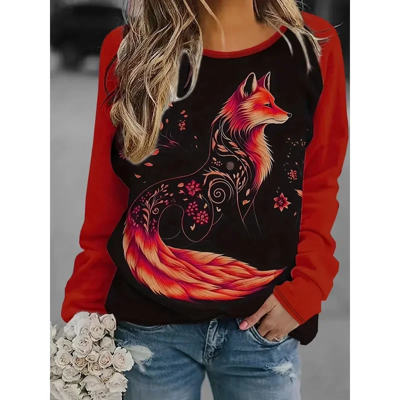 3D Printed Casual Long Sleeve Women Fox Print Round Neck Stitching Pullover 2026 Autumn Fashion Party Tops Trendy Streetwear