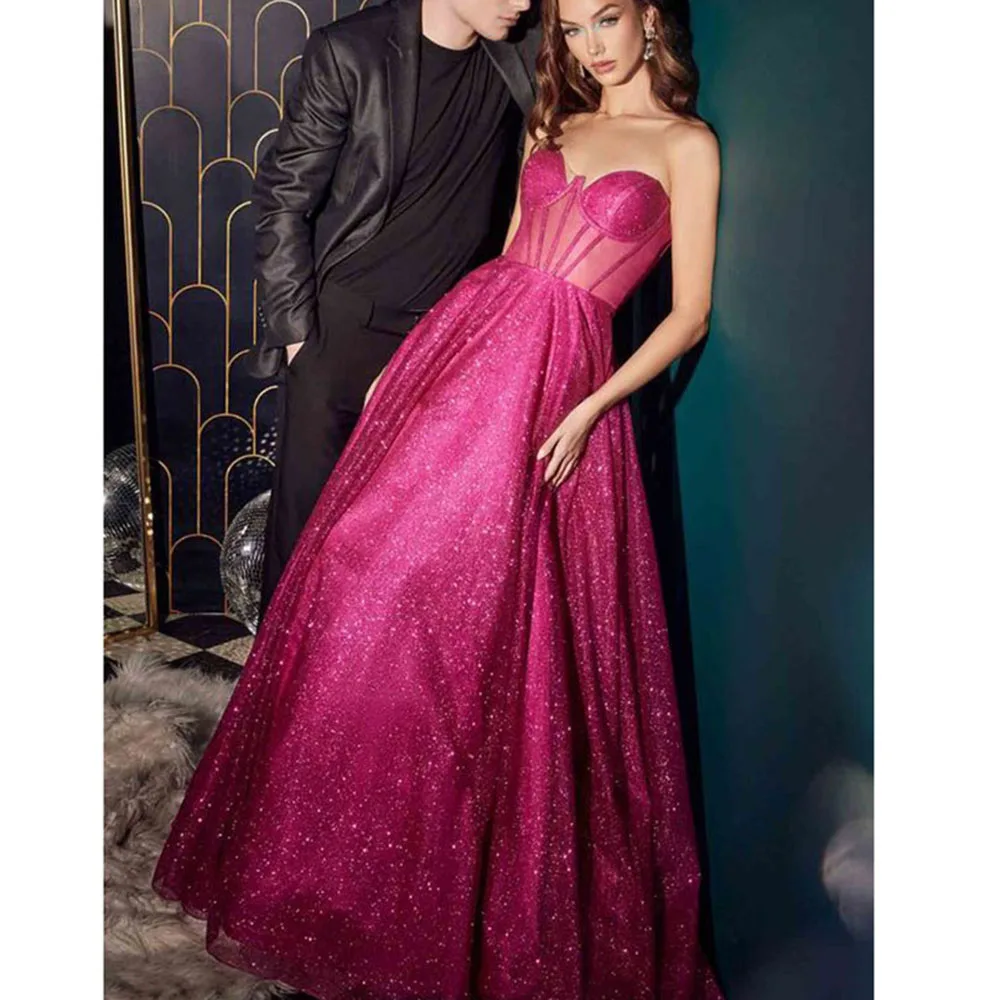 2024 Pretty Rose Red Women Prom Dresses Sweetheart Floor Length A-Line Sleeveless Shiny Elegant Female Banquet Party Gowns