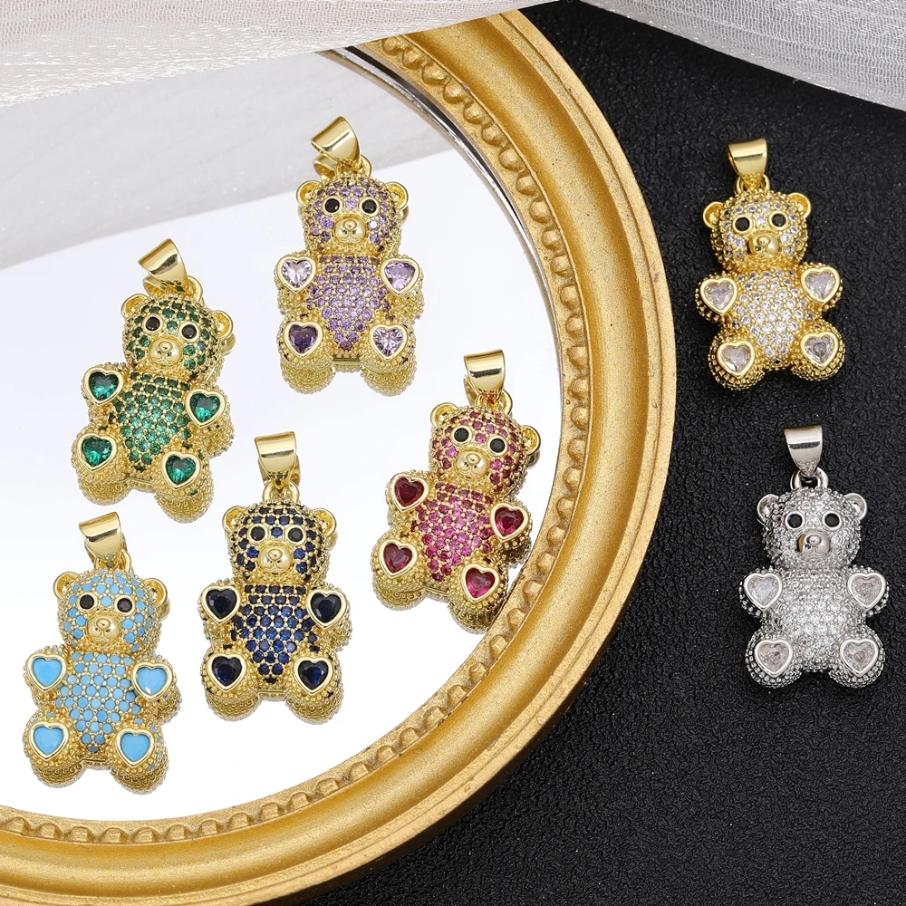 Juya 18K Real Gold Plated Decoration Animal Pendants Cz Bear Charms For DIY Women Kids Luxury Christmas Gift Jewelry Making