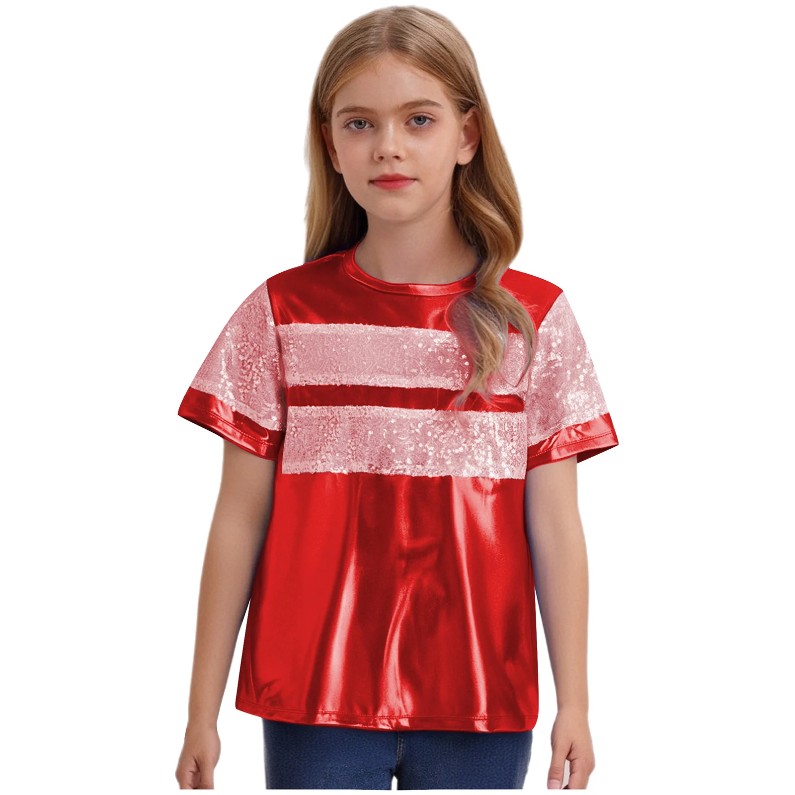 

Kids Girls Boys T-Shirt Short Sleeve Metallic Shiny Sequins Shirt Tops for Hip Hop Disco Jazz Dance Stage Performance Dancewear