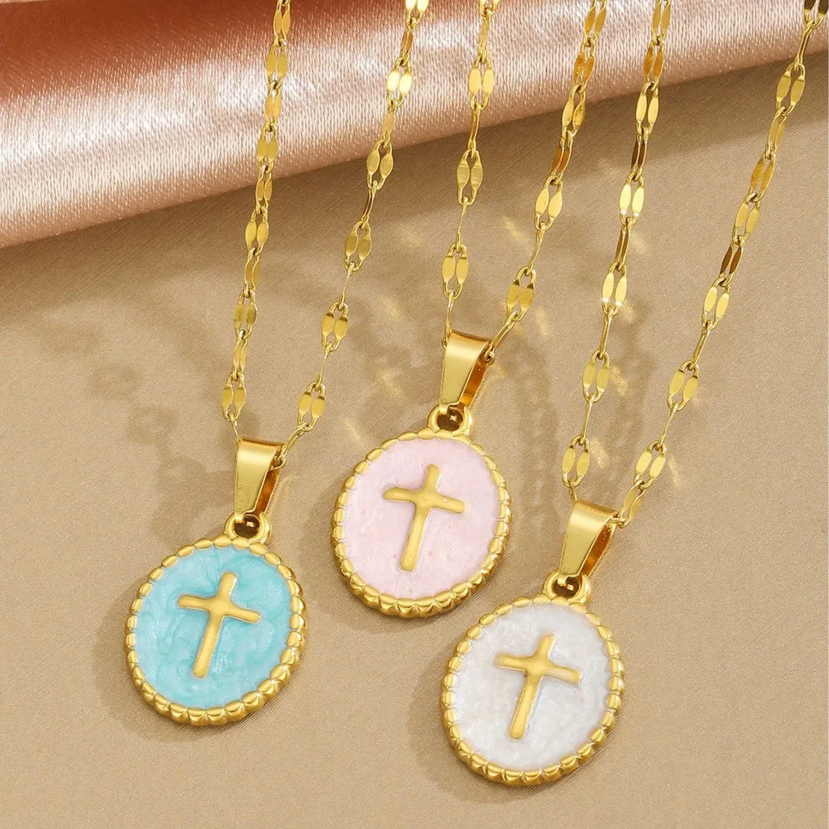 Stainless Steel Elliptical Cross Colored Natural Stone Pendant Necklace Enamel Womens Stainless Steel Enamel Opal Necklace Gift