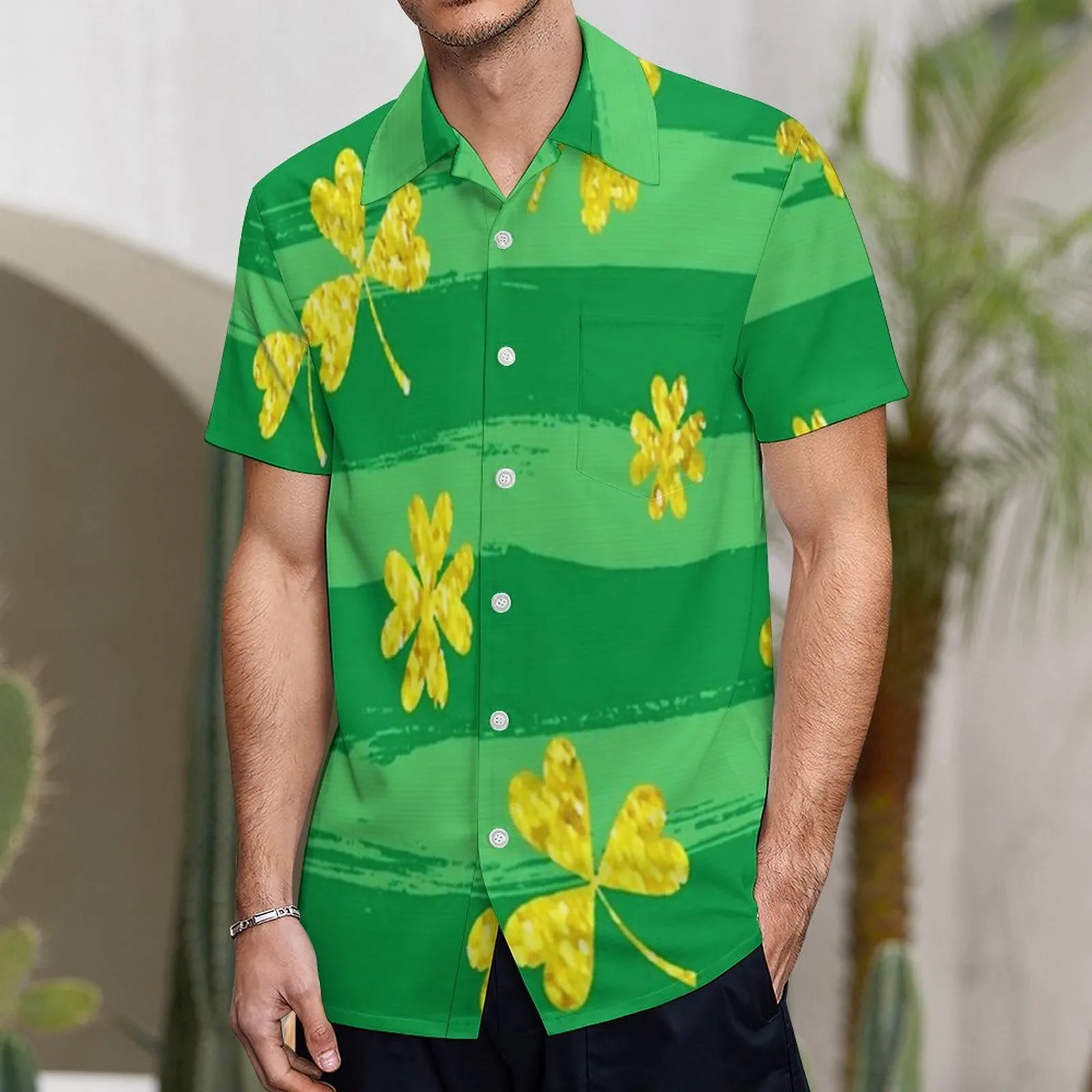 

St. Patrick's Day Men's Camisa 2024 Summer Green Series Clovers Print Short Sleeve Lapel Button Up Shirts Plus Size Clothing Top