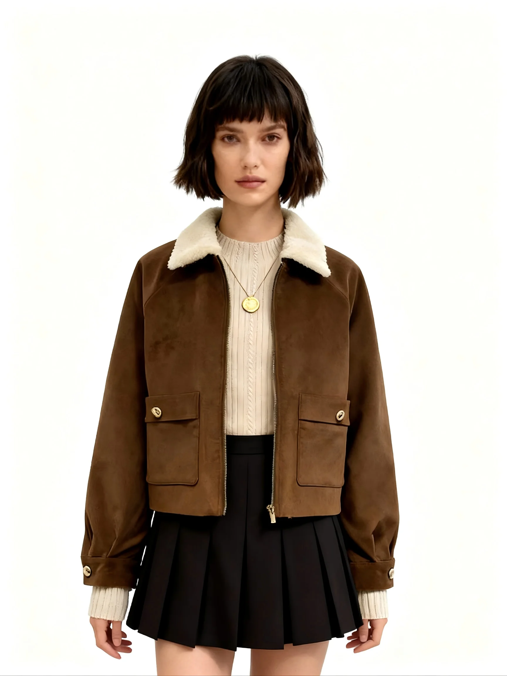 

【Gift Free】2025 French Niche Autumn Winter Elegant Color-Block Lamb Faux Fur Collar Pearl Button Zip-Up Short Padded Jacket