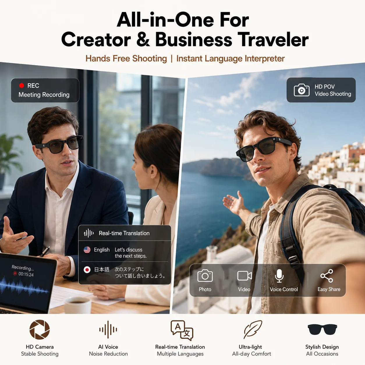 M02X Pro Max AI Camera Smart Shooting Glasses 800W 4K HD First Person Video Record EIS Anti-shake Sync Vlog Creator Bluetooth