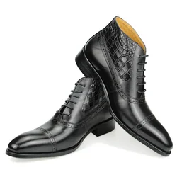 Men Ankle Boot Genuine Leather Luxury Fashion Printing Wedding Dress Elegant Formal Office Shoe Pointed Toe Lace-up Brogue Adult