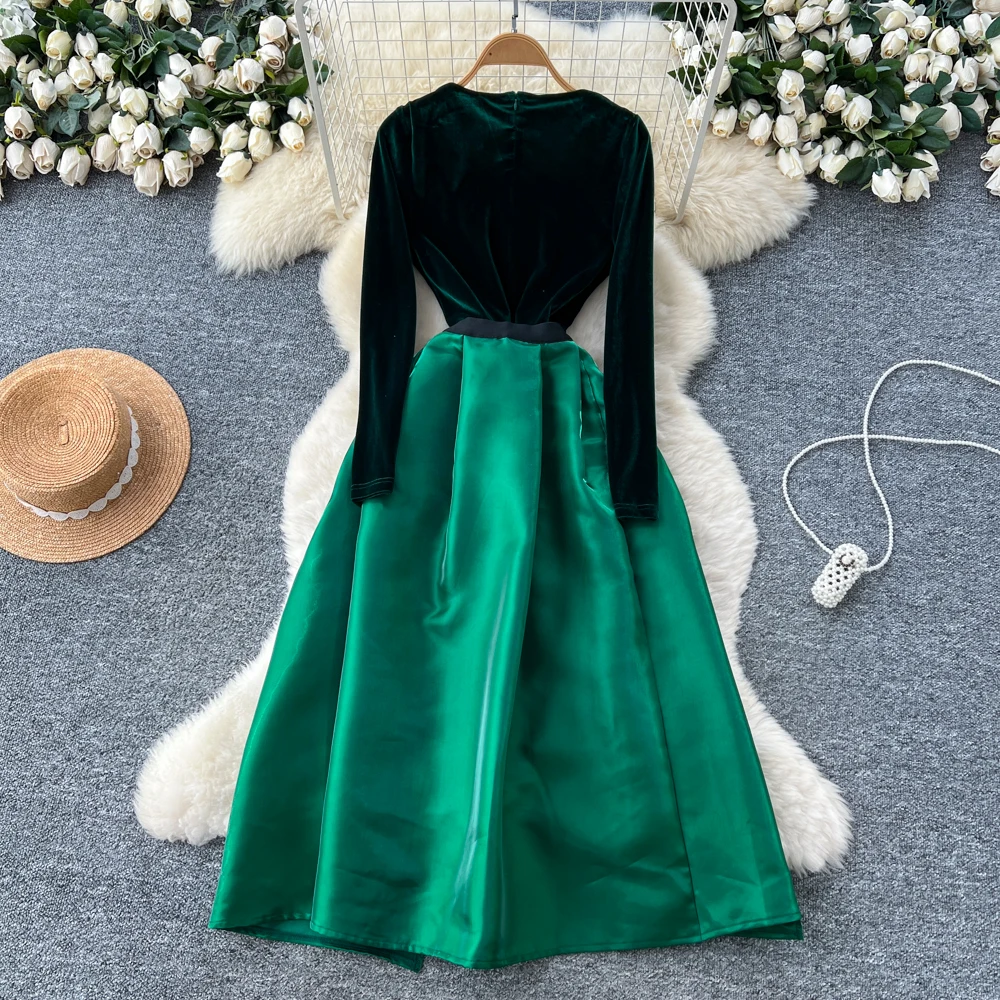 Abito retrò elegante a maniche lunghe in velluto scavato Abito casual a vita alta Abiti da cerimonia da donna