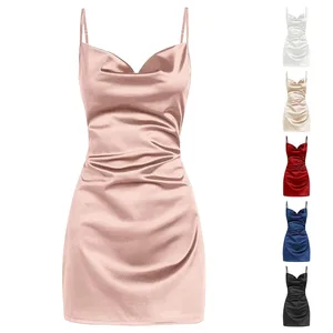 Satin -Satin -Schiebekleid von Frauen, Seide, niedrig geschnitten, smocked, Partykleider, Kapuze, Rücken ohne Rücken, Mini -Nachtclub, kurz 8 Hauptverkäufe Kurzkleid - №3