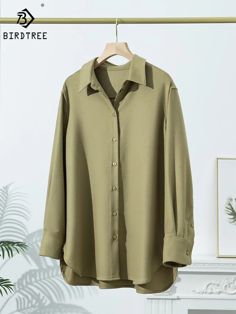 Birdtree Mulberry Silk Cashmere Wool Elegant Fashion Shirt Women Thick Warm Blouses Fall Winter Office Lady New Tops T3N560QM