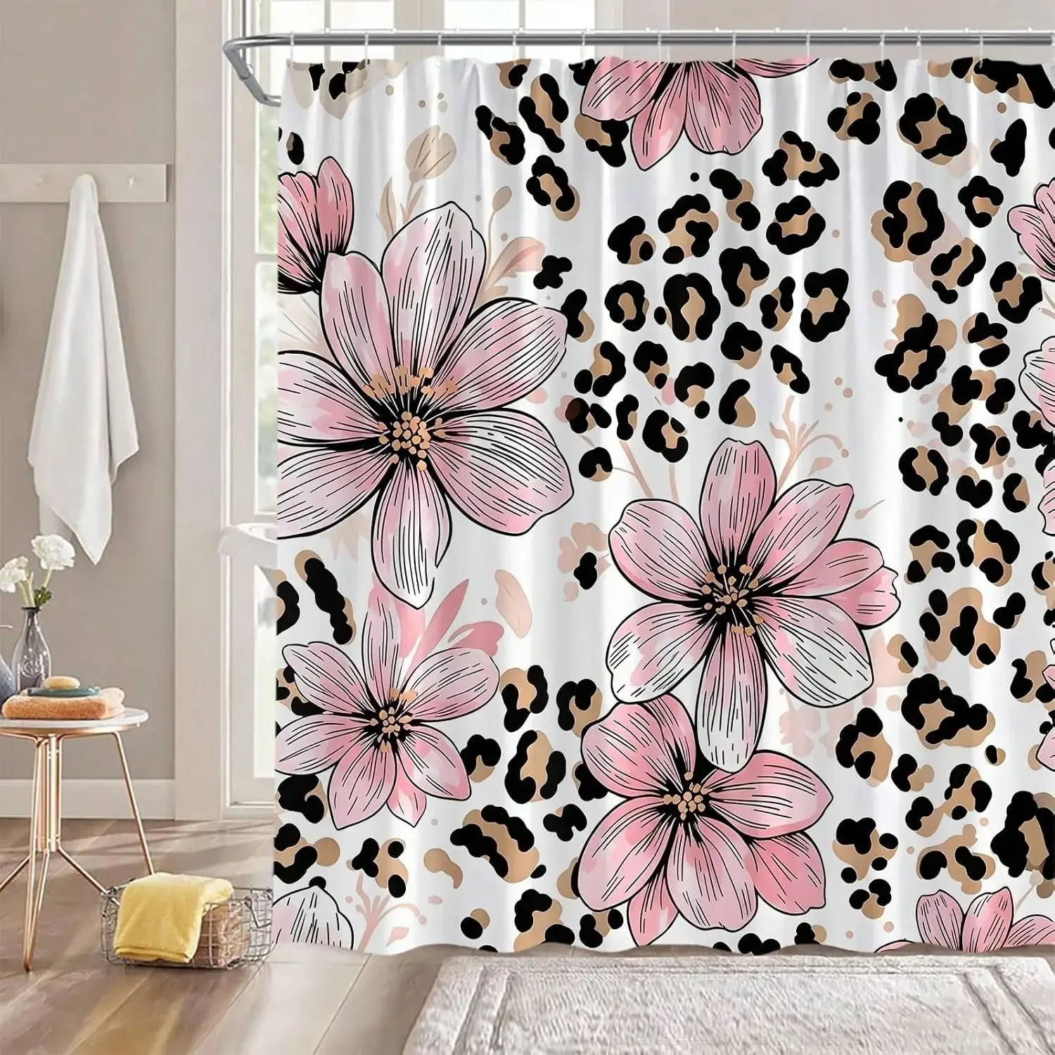 Leopard Shower Curtain,Floral Sketch and Cheetah Print Vintage Pink Brown 70x84 Inch,for Bathroom
