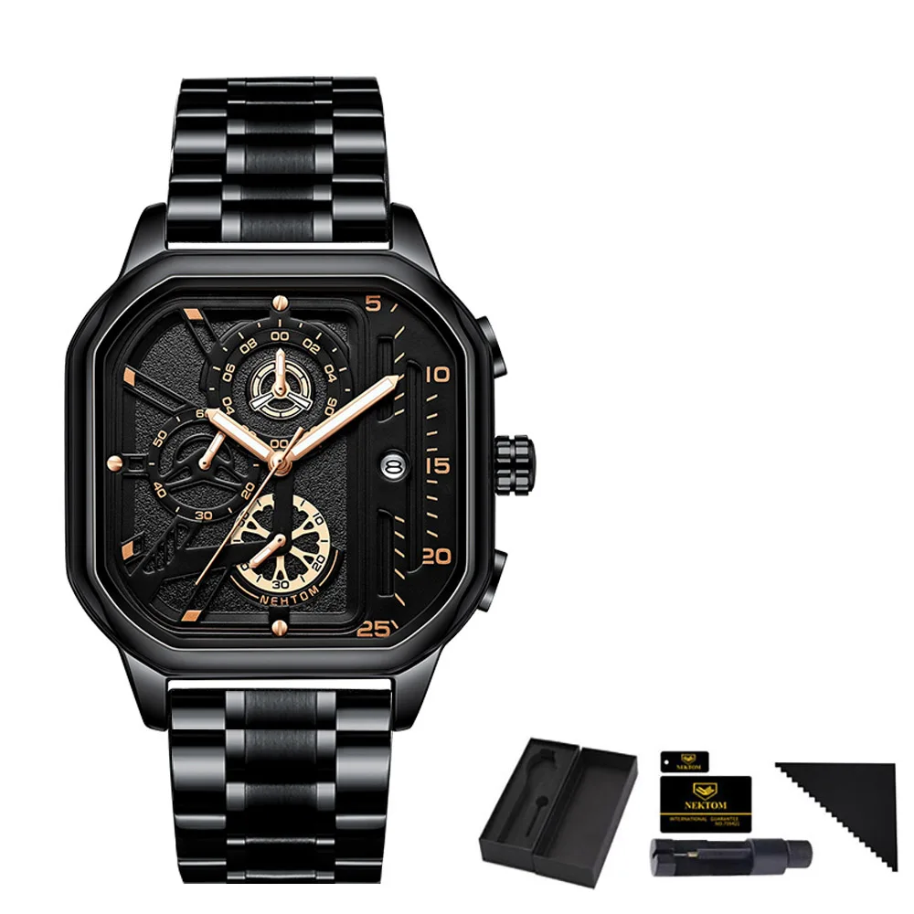 NEKTOM 2024 New Watches Square Sport Mens Watches Waterproof Full Steel Quartz Gold Clock Man Watches Luminous Wristwatch