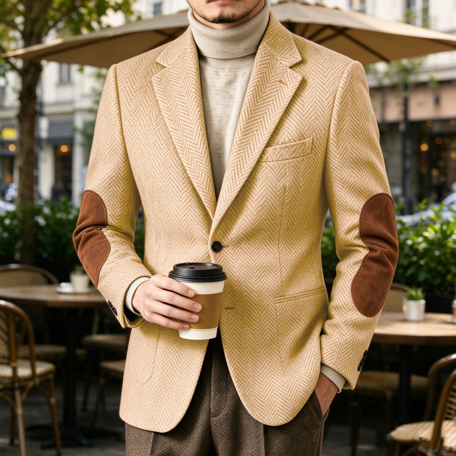 Men's Herringbone Tweed Blazer with Suede Elbow Patches Wool Blend Lapel Collar Suit Jacket Business Casual Formal Sport Coat