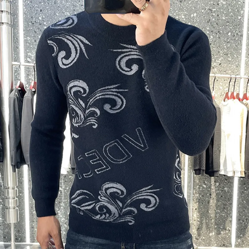 European High Quality Men Pullovers Letter Printing Streetwear Fashion Knitted Sweater Men O-neck Warm Keeping Sweater Pullover