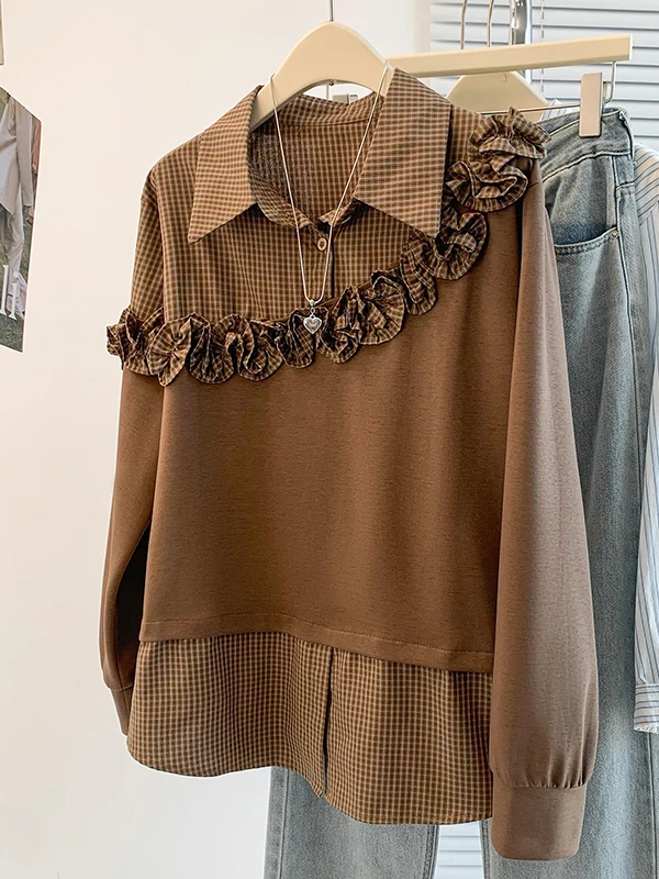 

Authentic Autumn Winter Design Sensation Color Colion Splice Wood ain Flower Fake Two-Piece Sweatirt Women's irt