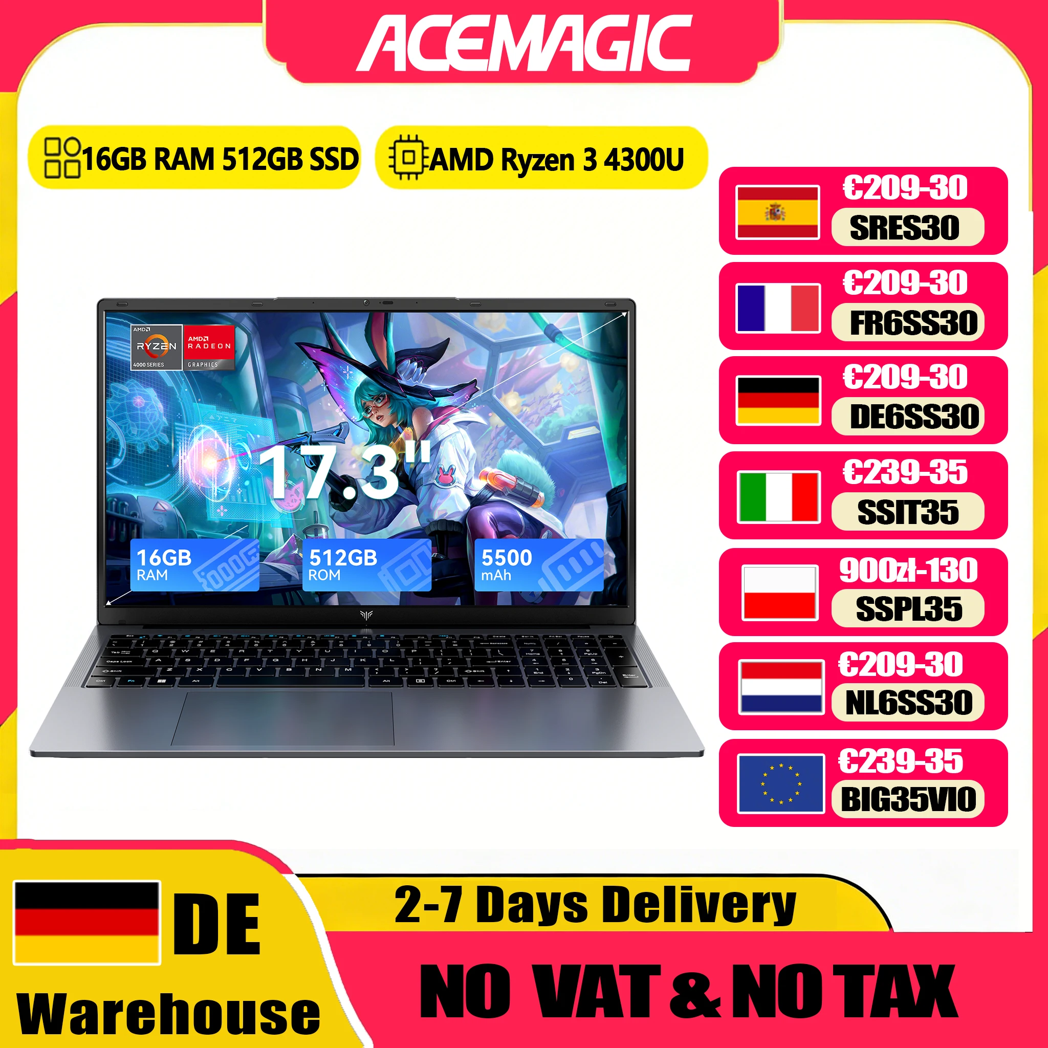 ACEMAGIC AX17Pro ordinateur portable AMD Ryzen 3 4300U Windows ordinateur portable 17.3 pouces IPS 16GB DDR4 512GB NVMe SSD clavier numérique